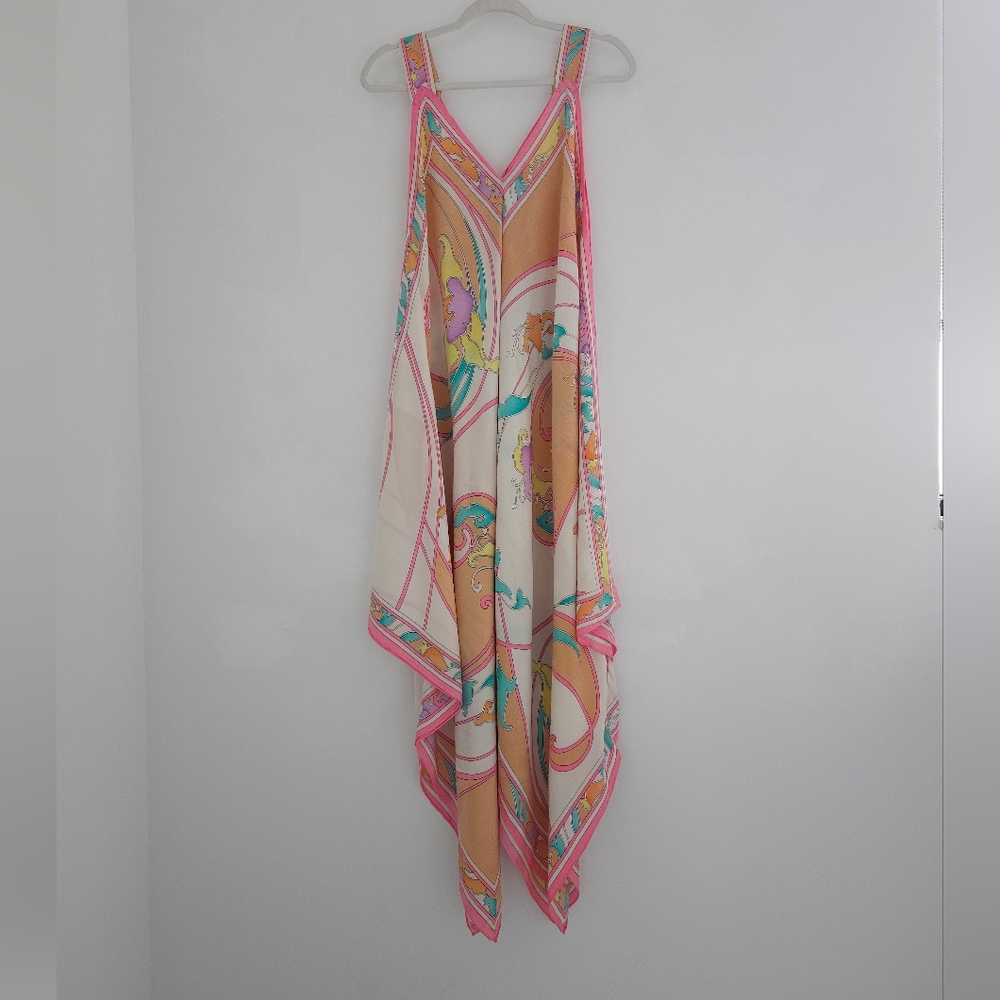 BRIJO Vintage Pastel Rolled Jacquard Silk Hankerchief V Tank Maxi Dress - Picture 10 of 16